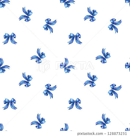 Hand drawn seamless pattern with blue cute watercolor ribbon bows. Trendy grandmillenial preppy design for birthday celebration party, girly nursery decor, lovely decoration greeting, love gift retro 128873231