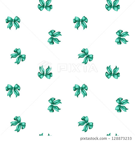Hand drawn seamless pattern with cute emerald green watercolor ribbon bows. Trendy grandmillenial preppy design for birthday celebration party, girly nursery decor, lovely decoration greeting, love Hand drawn seamless pattern with cute emerald green watercolor ribbon bows. Trendy grandmillenial preppy design for birthday celebration party, girly nursery decor, lovely decoration greeting, love 128873233
