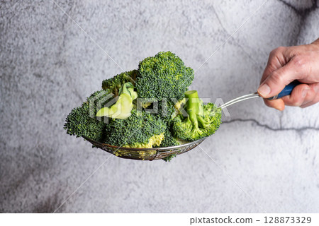 Fresh Broccoli In A Strainer Ready For Cooking Or Serving Fresh Broccoli In A Strainer Ready For Cooking Or Serving 128873329