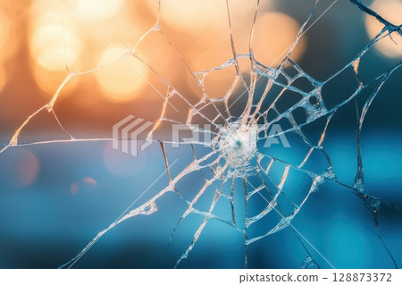 Glimmering Cobwebs in a Broken Window with Soft Light 128873372