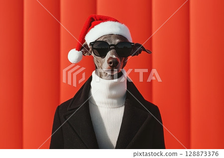 Stylish Greyhound in Santa Hat and Sunglasses 128873376