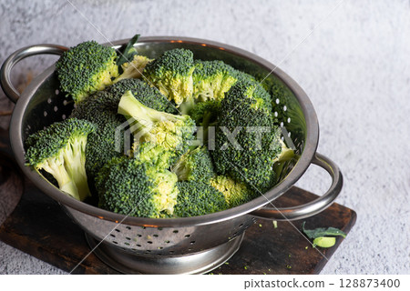 Fresh Broccoli On Cutting Board Prepared For Cooking Fresh Broccoli On Cutting Board Prepared For Cooking 128873400