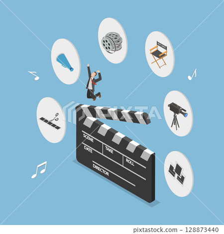 3D Isometric Flat Vector Illustration of Movie or Cinema Elements, Using Clapperboard To Shoot Film 128873440