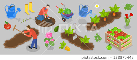3D Isometric Flat Vector Illustration of Home Garden, Gardening Tools For Soil Preparation And Planting By People 128873442
