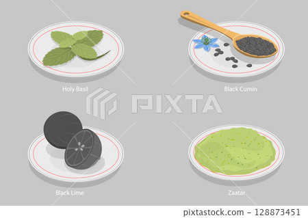 3D Isometric Flat Vector Illustration of Spice Herbs Seasoning Traditional Culinary Cooking Ingredients, Exotic Spices Set 128873451