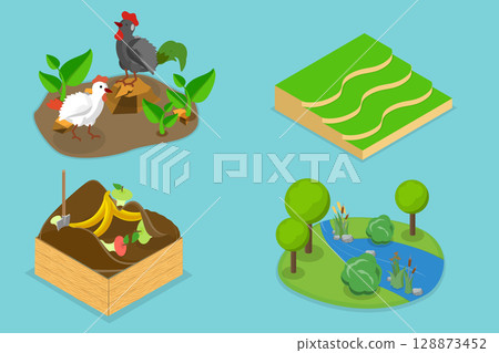 3D Isometric Flat Vector Illustration of Gardening and Farming Approaches, Collection Set for Regenerative Agriculture And Sustainable Crops 128873452