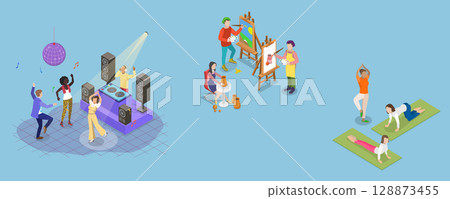 3D Isometric Flat Vector Illustration of Peoples Hobbies Variety, Set Depicting Entertainment And Recreation As Abstract Concepts 3D Isometric Flat Vector Illustration of Peoples Hobbies Variety, Set Depicting Entertainment And Recreation As Abstract Concepts 128873455