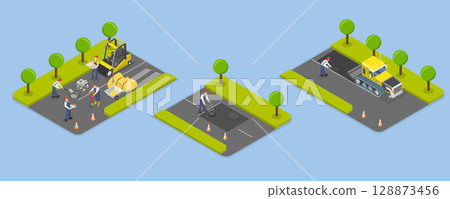 3D Isometric Flat Vector Illustration of Rout Under Construction, Set For Road Maintenance And Repair Concept 128873456