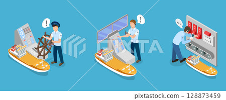 3D Isometric Flat Vector Illustration of Marine Transportation and Logistics, Abstract Sea Transport Professions. 128873459