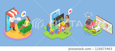 3D Isometric Flat Vector Illustration of Digital Gift Voucher, Online Shopping and Global Delivery 3D Isometric Flat Vector Illustration of Digital Gift Voucher, Online Shopping and Global Delivery 128873463