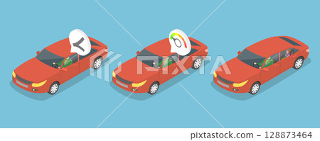 3D Isometric Flat Vector Illustration of Road Safety, Depicting Abstract Concepts Related To Safe Car Driving 128873464