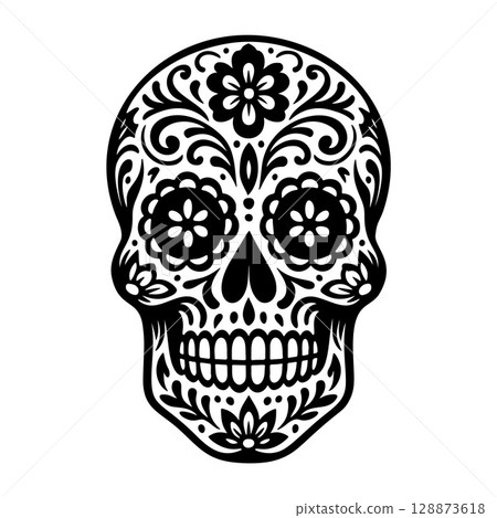 Sugar Skull Calavera outline icon line art, black and white doodle style 128873618