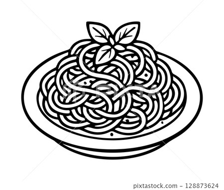 pasta with basil outline icon line art, black and white doodle style 128873624