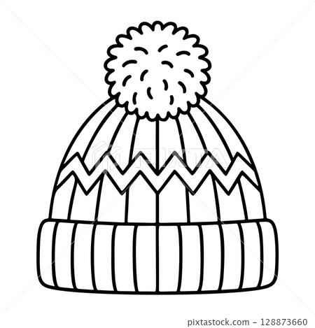 hat with pompom black and white icon clean line art, doodle style hat with pompom black and white icon clean line art, doodle style 128873660