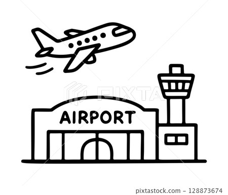 airport black and white icon clean line art, doodle style 128873674