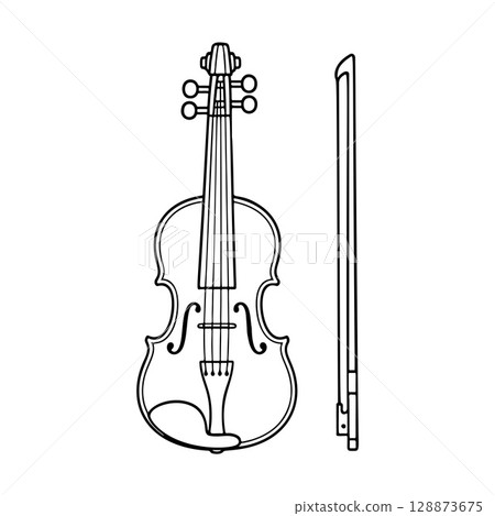 violin and bow outline icon line art, black and white doodle style 128873675