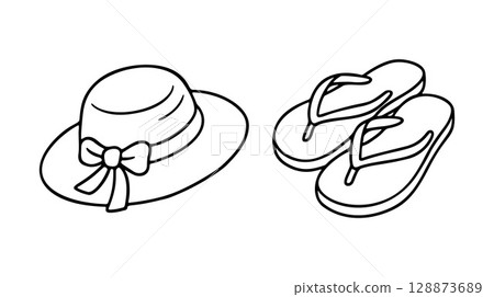 hat and flip flops black and white icon clean line art, doodle style 128873689