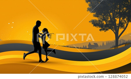 Silhouette of a couple embracing on a colorful hill with a tree, small house, and orange-yellow sunset sky 128874052