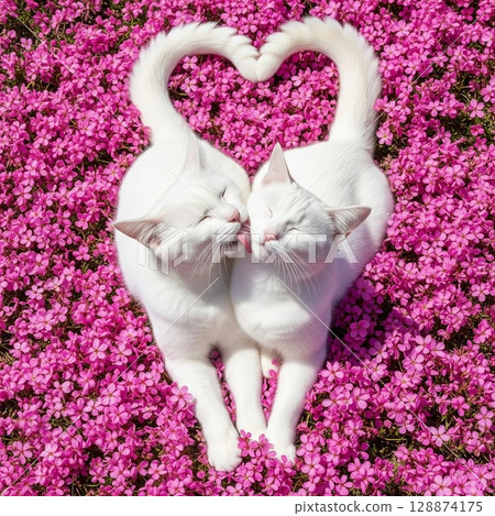 Adorable cat couple with heart-shaped tails in a pink moss phlox field. Two loving cat brothers snuggling up to each other. 128874175