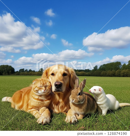 A gathering of friendly pets! A dog, a cat, a rabbit, and a ferret relaxing side by side on the grass under a blue sky 128874190