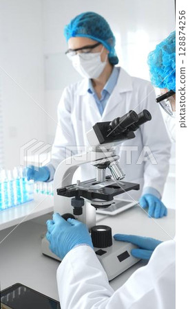 Two scientists, a man and a woman, wearing blue protective hairnets, masks and protective glasses, conduct research under a microscope in a laboratory. Concept of medicine and science 128874256