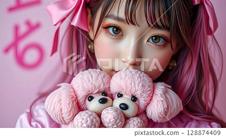 Girl with pink makeup 128874409