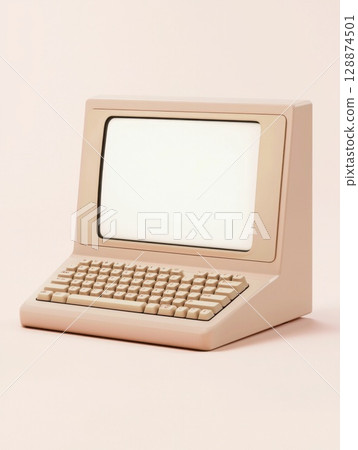 Vintage computer displaying blank screen, integrated keyboard resting on soft pink surface, highlighting nostalgic design of early personal technology era 128874501