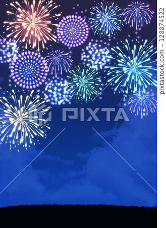 Colorful fireworks and night sky background landscape summer Colorful fireworks and night sky background landscape summer 128874522