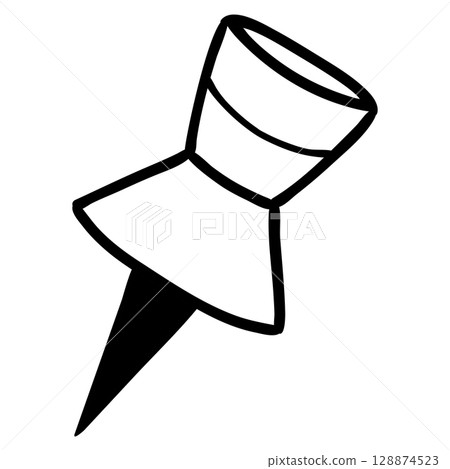 Hand drawn outline pushpin. Simple black and white sketch of a thumbtack for school, office, notes or planner decoration. Minimal style stationery element isolated on white background. Hand drawn outline pushpin. Simple black and white sketch of a thumbtack for school, office, notes or planner decoration. Minimal style stationery element isolated on white background. 128874523