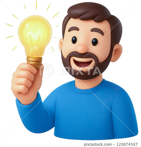 3D cartoon man with a beard, holding up a glowing lightbulb, representing a new idea or innovation 128874587