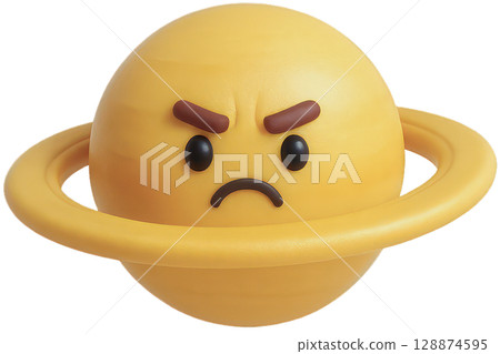 A 3D cartoon yellow planet with rings, featuring an angry and grumpy facial expression,  128874595
