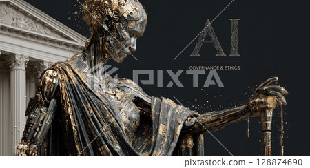 Futuristic robotic figure stands in front of classical building, symbolizing AI governance and ethics 128874690