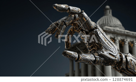 Robotic hand reaching out in front of classical building, symbolizing intersection of technology and governance 128874691