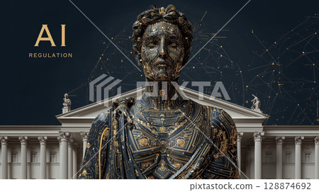 AI regulation concept with digital statue in front of classical building, symbolizing governance and technology integration 128874692