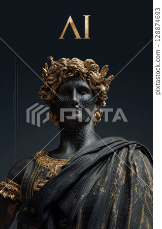 Digital sculpture of classical figure with modern twist, featuring golden laurel crown and intricate details 128874693