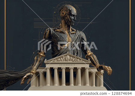 Futuristic robotic figure stands behind classical building, symbolizing AI governance and technological advancement 128874694