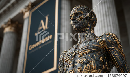 Futuristic humanoid figure with intricate circuitry stands before building with AI Governance sign 128874697