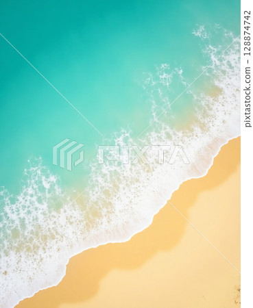 A serene tropical beach unfolds with soft, golden sands meeting vibrant turquoise waters. Gentle waves kiss the shore as sunlight sparkles on the surface, creating a tranquil haven Generative AI 128874742