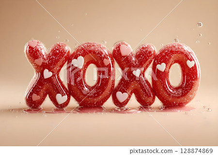 Glossy, candy-like XOXO letters with heart motifs on a soft, beige background. Perfect for Valentine's Day, love, and affection-themed designs or sweet, romantic projects. Glossy, candy-like XOXO letters with heart motifs on a soft, beige background. Perfect for Valentine's Day, love, and affection-themed designs or sweet, romantic projects. 128874869