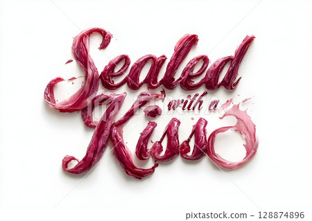 Creative typography artwork with the phrase Sealed with a Kiss crafted using a vivid red lipstick texture. The design conveys passion and romance, perfect for greeting cards or love letters. 128874896