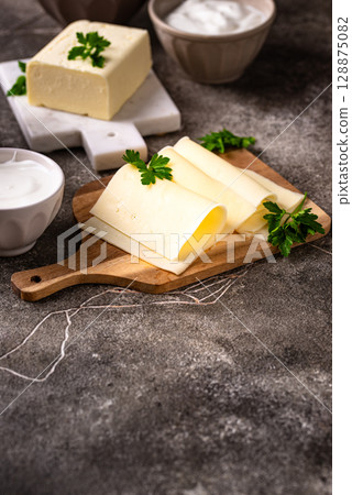 Dairy products. Milk, cottage cheese, cream, butter and yogurt Dairy products. Milk, cottage cheese, cream, butter and yogurt 128875082