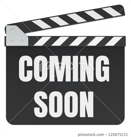 Coming Soon, clapperboard. 3D rendering 128875231