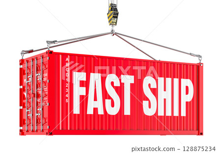 Fast Ship concept with red shipping container. 3D rendering 128875234