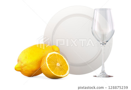 Plate and wine glass with lemons. 3D rendering 128875239