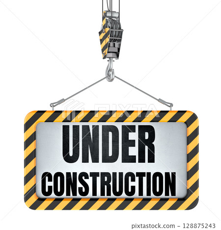 Under Construction sign on crane hook. 3D rendering 128875243