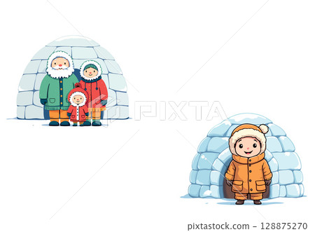 Vsai inuit family and child posing in front of igloo in winter landscape 128875270