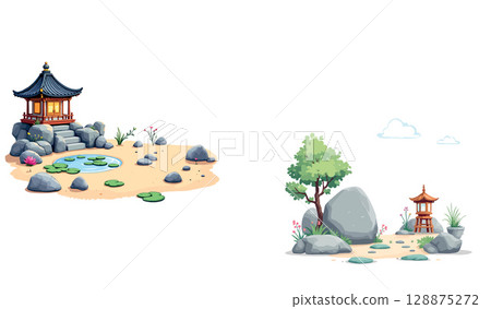 Vsai korean gazebo near pond with lotus flowers and stone path leading to wooden lantern 128875272