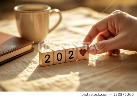 Hand arranging wooden blocks for the New Year with love. AI generated. 128875306
