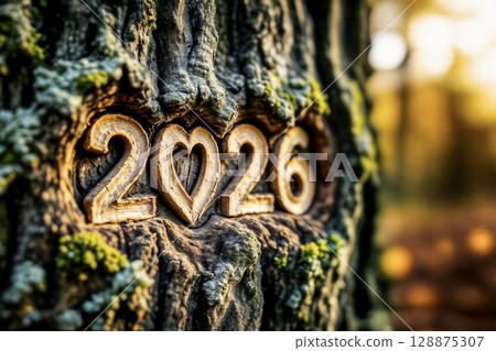 The year 2026 with a heart carved into a tree for an anniversary. AI generated. 128875307