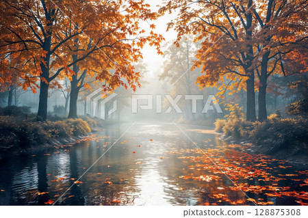 Misty autumn forest with a river and colorful foliage. AI generated. 128875308